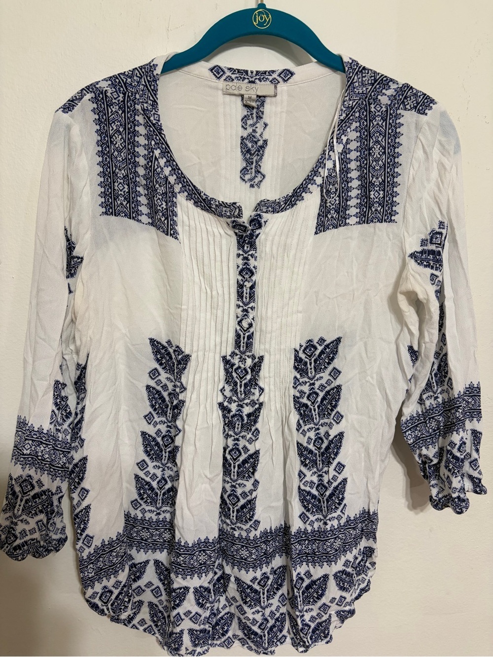 Women’s White Tunic Top with Blue Folk Embroidery - Picture 2 of 8
